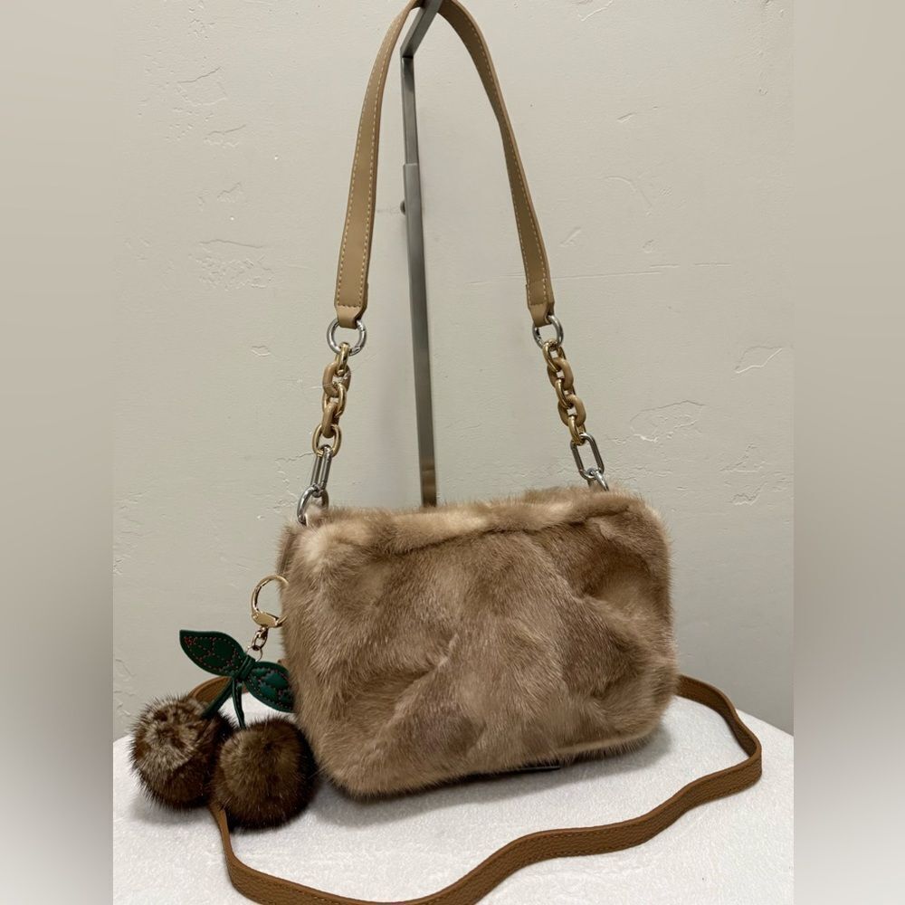 Handmade Real Mink Fur Double Zip Pillow Handbag Includes Fur Pom-Pom Bag Charm